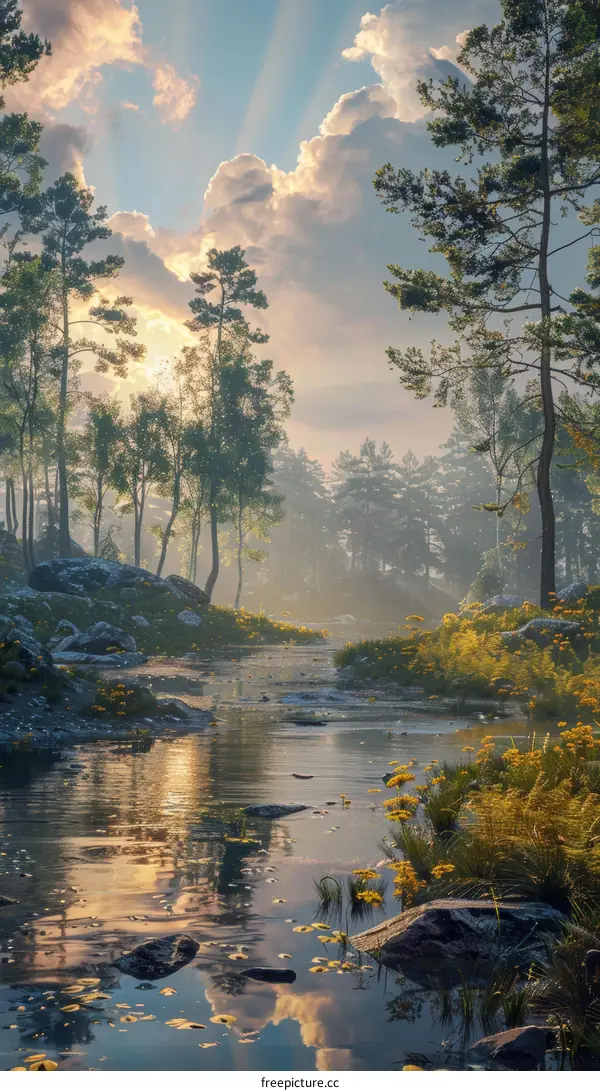 Sun Beams Piercing Through Trees with River Reflection