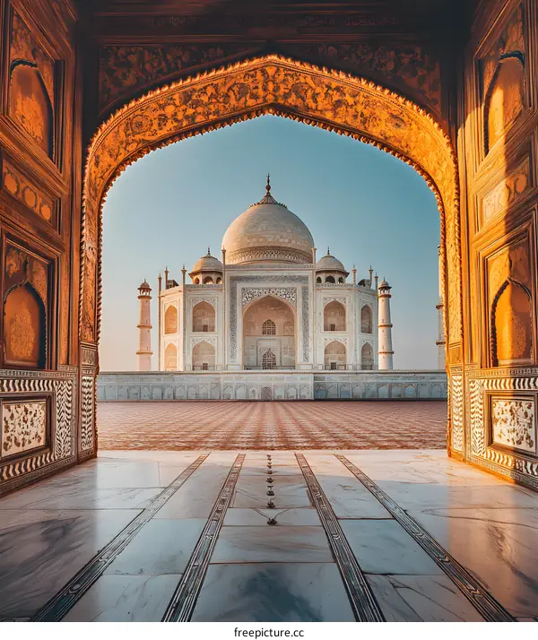 Taj Mahal View Through Archway at Sunrise