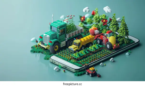 A green truck drives through a field of crops on a smartphone screen