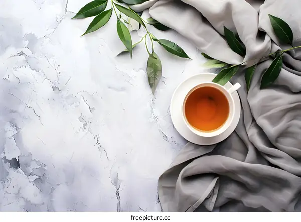 White Marble Background With Tea Cup And Grey Fabric