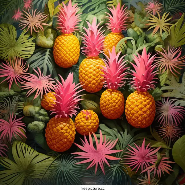 Vibrant Pink and Yellow Pineapples with Tropical Leaves and Flowers