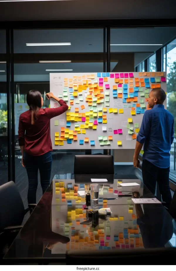 Two people brainstorming with sticky notes on a wall