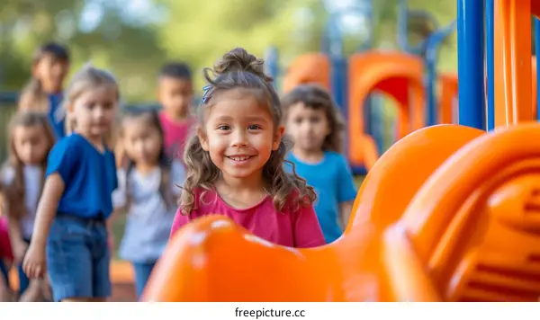 Little girl with curly hair smiling at the camera while playing on a playground slide