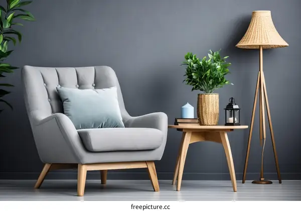 Modern Gray Armchair with Blue Pillow in a Living Room