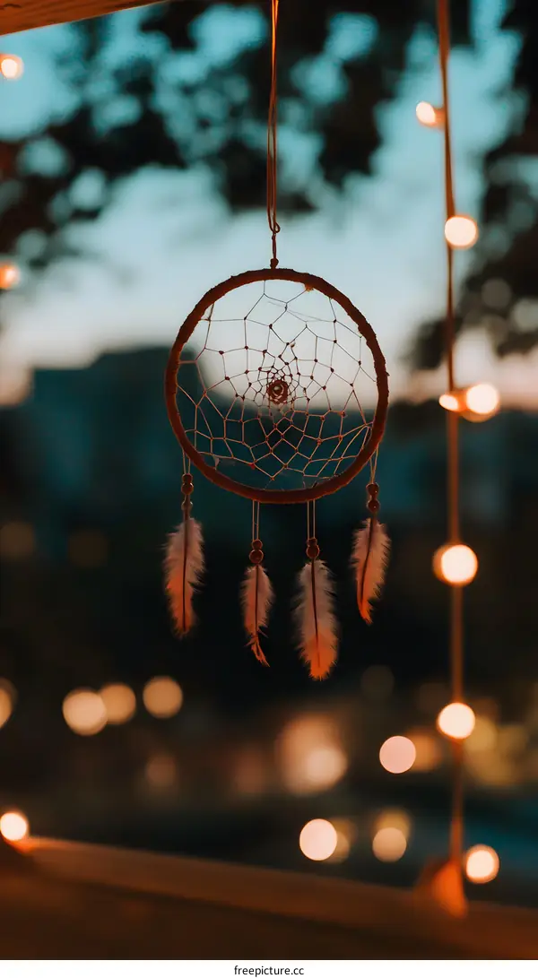 Dreamcatcher Hanging With Feathers In Front Of Blurry Lights