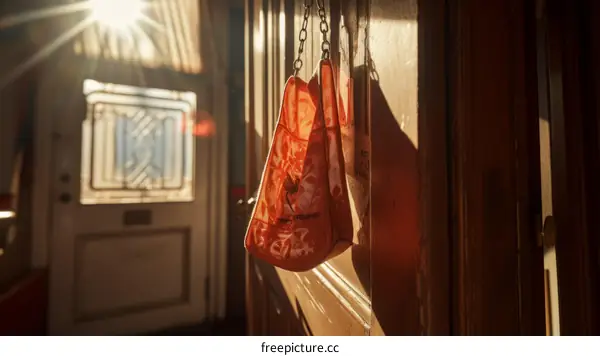 Orange tote bag hanging on a hook by a door