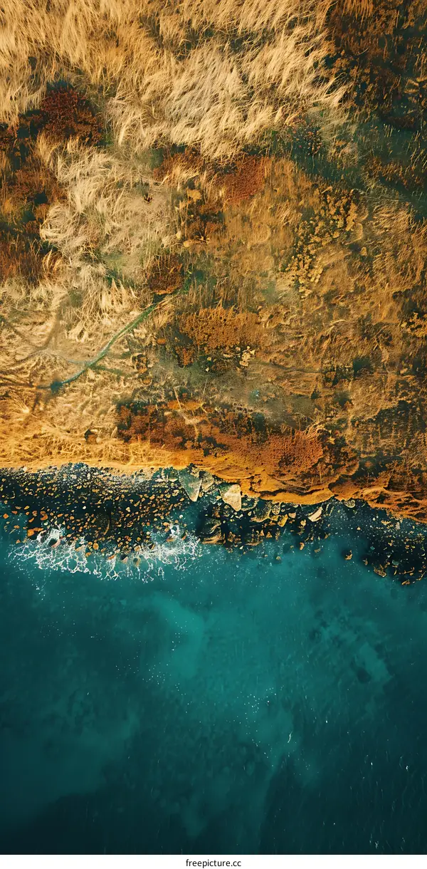 Aerial View of Ocean and Grassy Beach