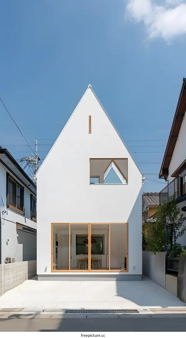 Modern White House with Triangular Roof and Large Windows