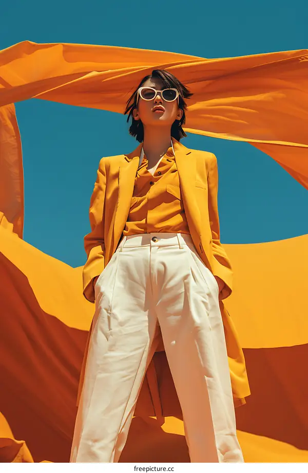 Woman In Yellow Suit And Sunglasses Posing Against Blue Sky