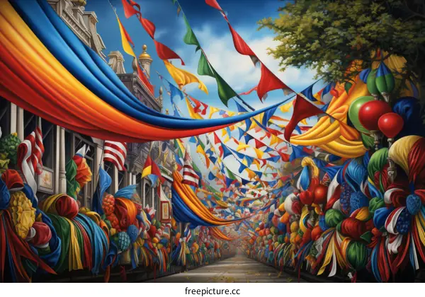A colorful street with flags and balloons