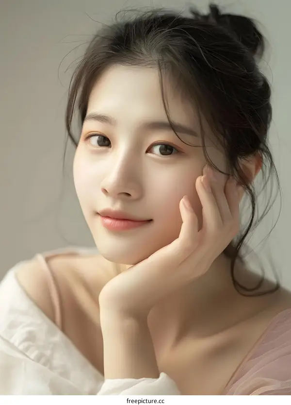 Beautiful Asian Woman Posing With Her Hand On Her Chin