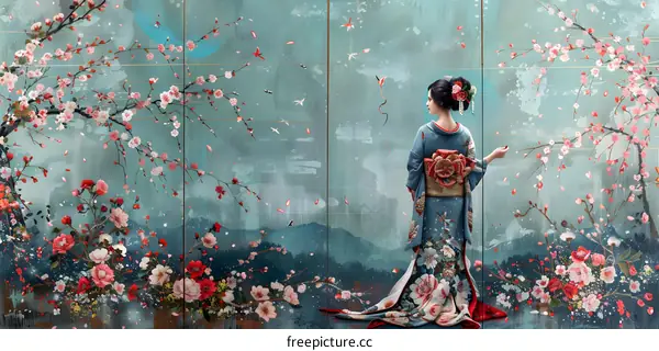 A Japanese Geisha dancing under the cherry blossoms