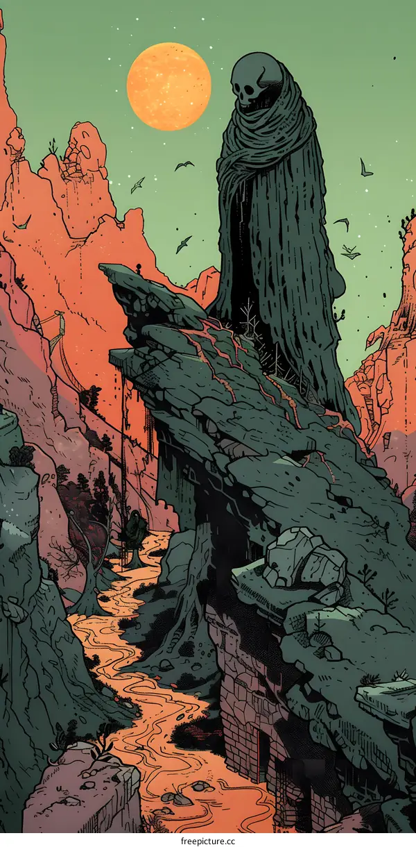 Dark Fantasy Landscape with a Skeleton Figure and a Red Moon