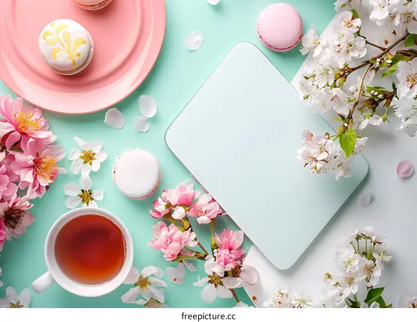 Floral Flat Lay with Tea, Macarons, and Notebook