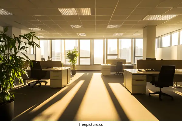 Modern Office Workspace with Large Windows and Sunlight Streaming In