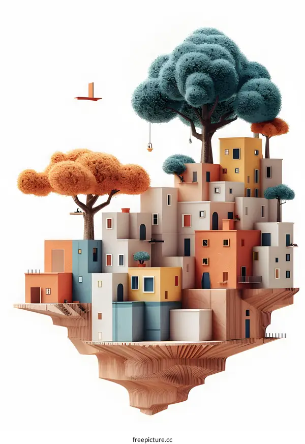 A 3D rendering of a colorful cityscape with trees