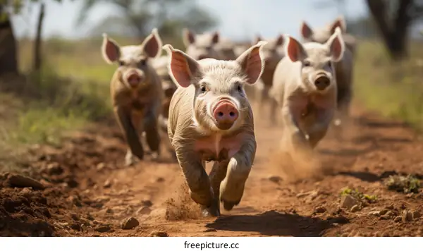 A Group of Domestic Pigs Running on a Dirt Road