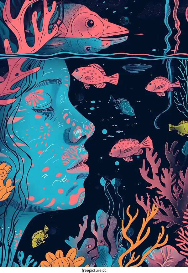 Underwater Art Illustration with Colorful Fish and Coral