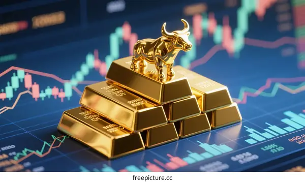 Golden Bull Statue on Stacked Gold Bars with Stock Charts Background