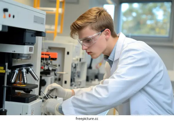Young caucasian male scientist in protective eyewear carefully examines a sample using a microscope in a laboratory