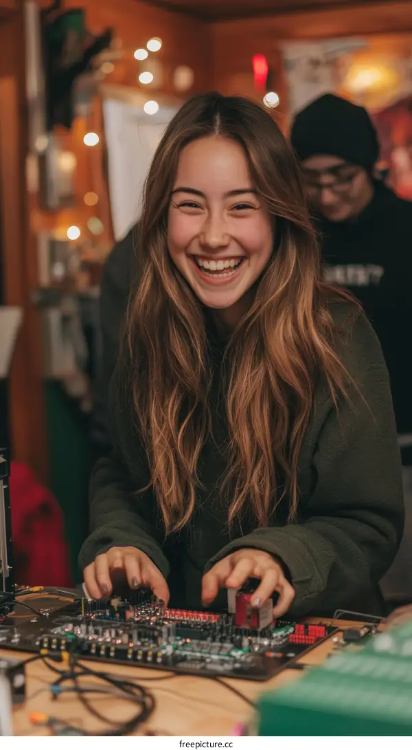 Smiling Teenager Working on Circuit Board