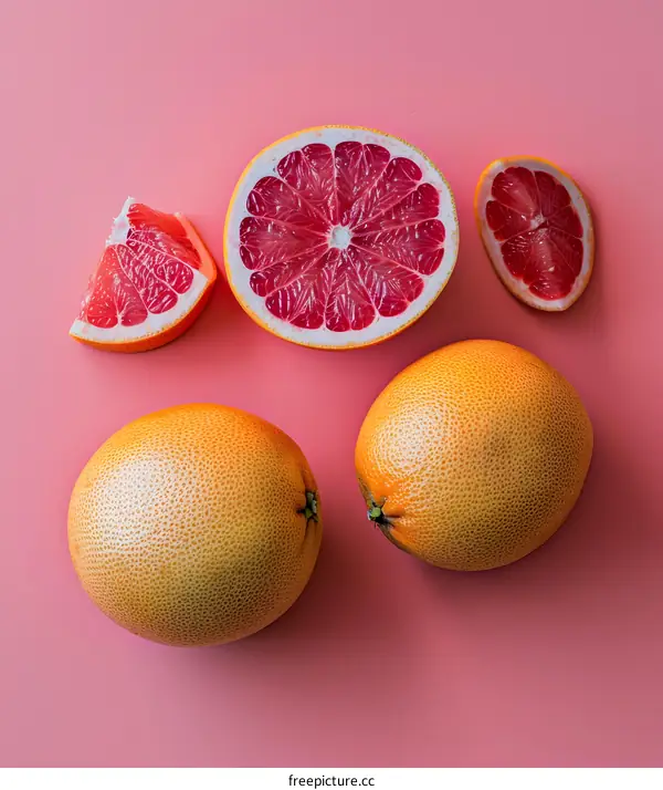 Pink Background with Whole and Cut Grapefruit