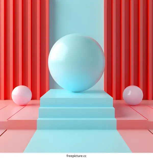 Blue Sphere and Pink Spheres on a Podium
