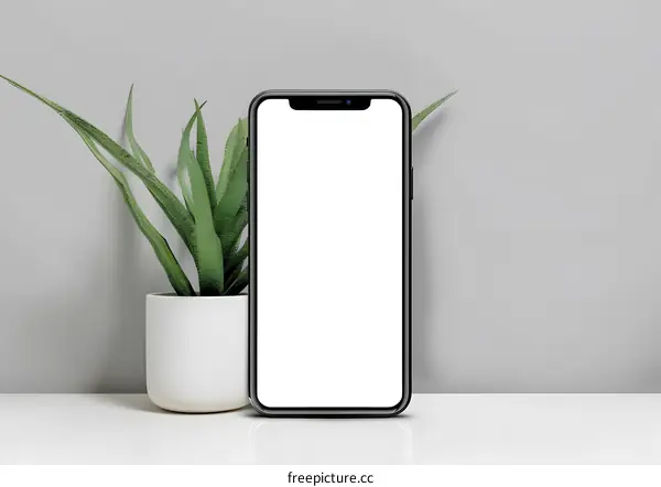 Black Smartphone with White Screen on White Desk Next to Green Plant