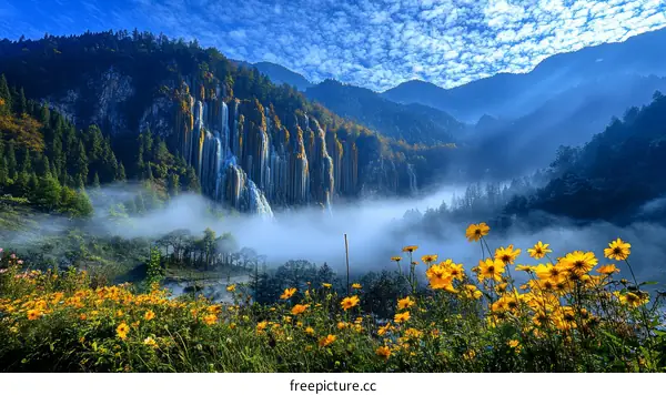 Majestic Waterfall in Misty Mountains with Blooming Flowers