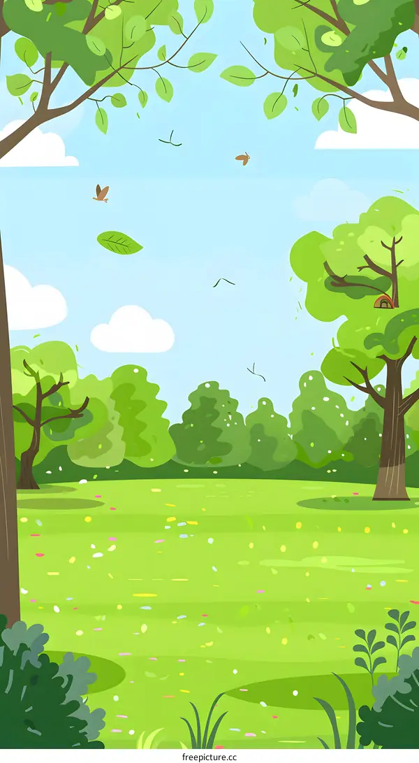 Green Grass Field Landscape Illustration with Trees and Birds