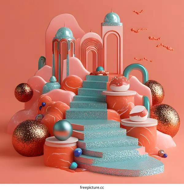 Abstract 3D Rendered  Surreal Stairway with Geometric Shapes and Spheres