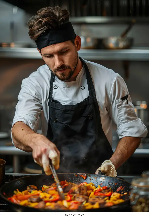 Focused male chef cooking delicious food in a pan