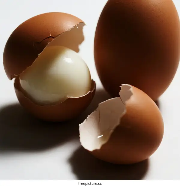 Close-up of brown eggs with one cracked open showing the white egg inside