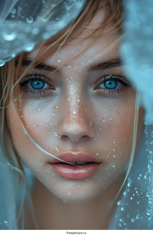 Woman with blue eyes and water drops