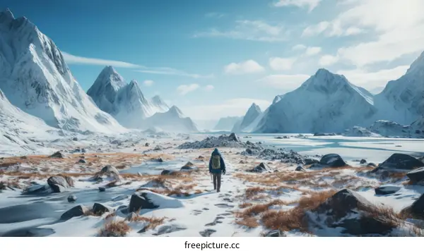 Solitary Hiker Explores Snowy Mountain Landscape