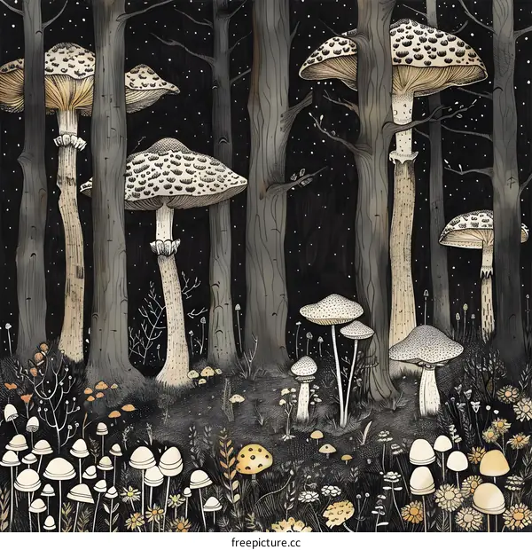 Nighttime Forest Illustration with Mushrooms and Stars