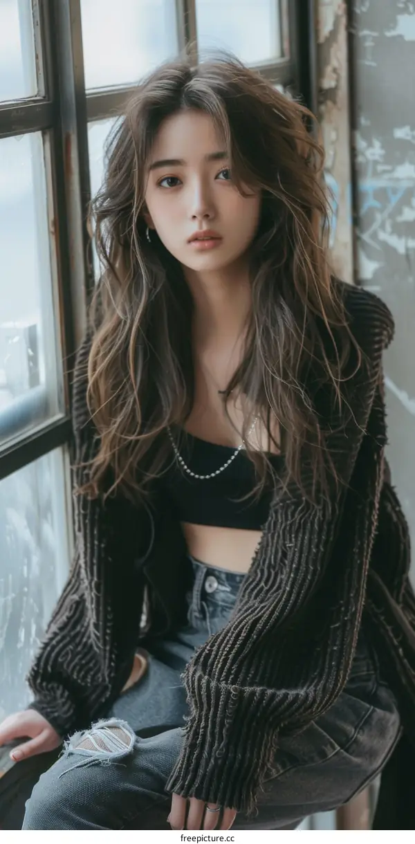 A beautiful Asian girl with long brown hair is sitting by the window