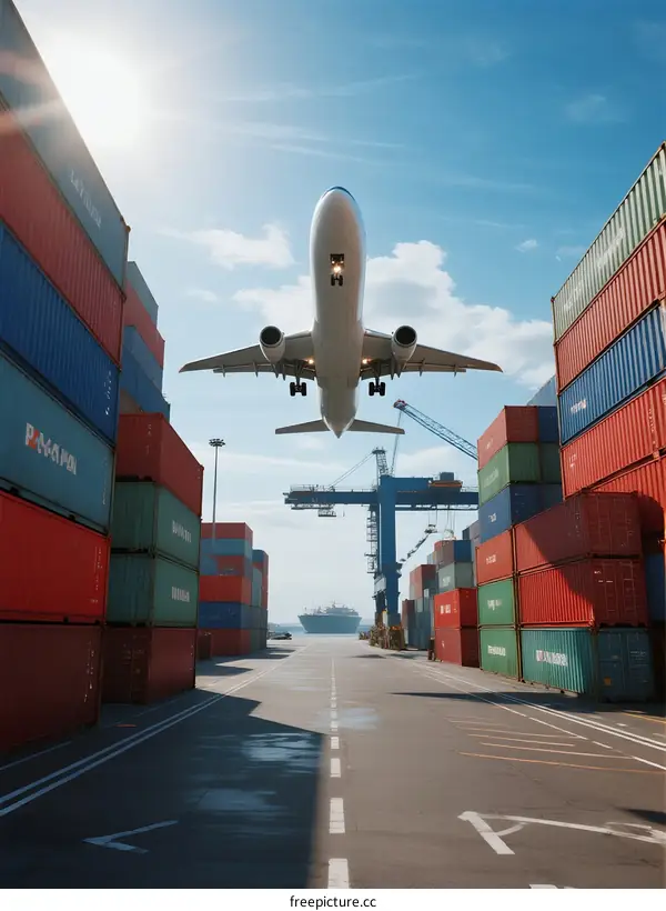 Airplane Taking Off Over Container Terminal with Shipping Vessel