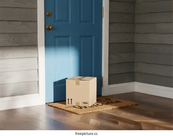 Cardboard box placed on welcome mat near blue front door