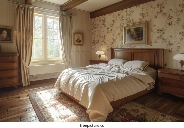 Elegant Vintage Bedroom with Floral Wallpaper