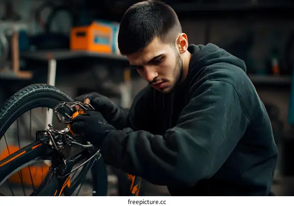 Caucasian Male Mechanic Working on Bicycle