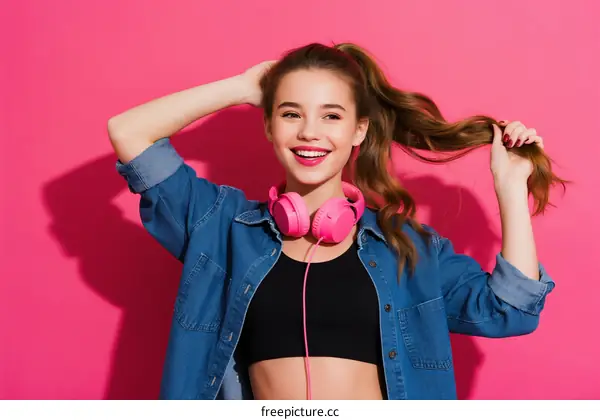 Young woman with ponytail and pink headphones smiling