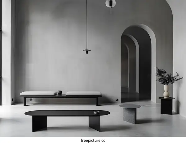 Minimalist Interior Design with Grey Walls and Black Furniture