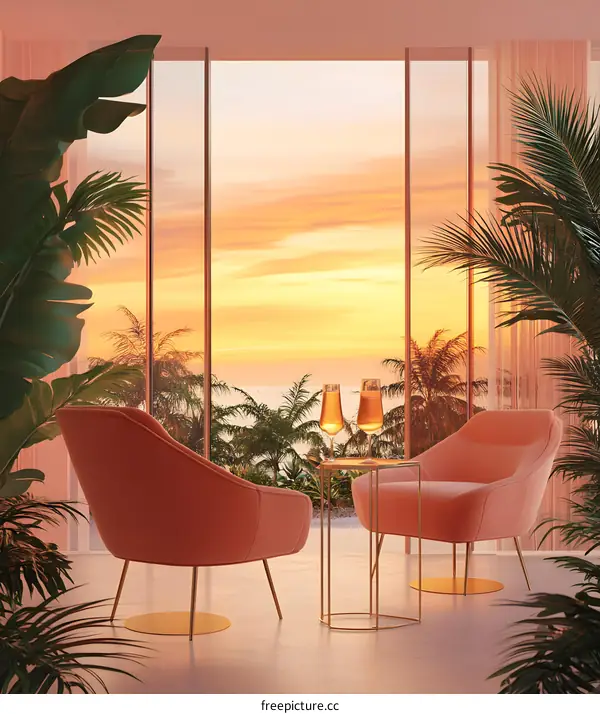 Pink Armchairs with Golden Legs Facing Sunset View