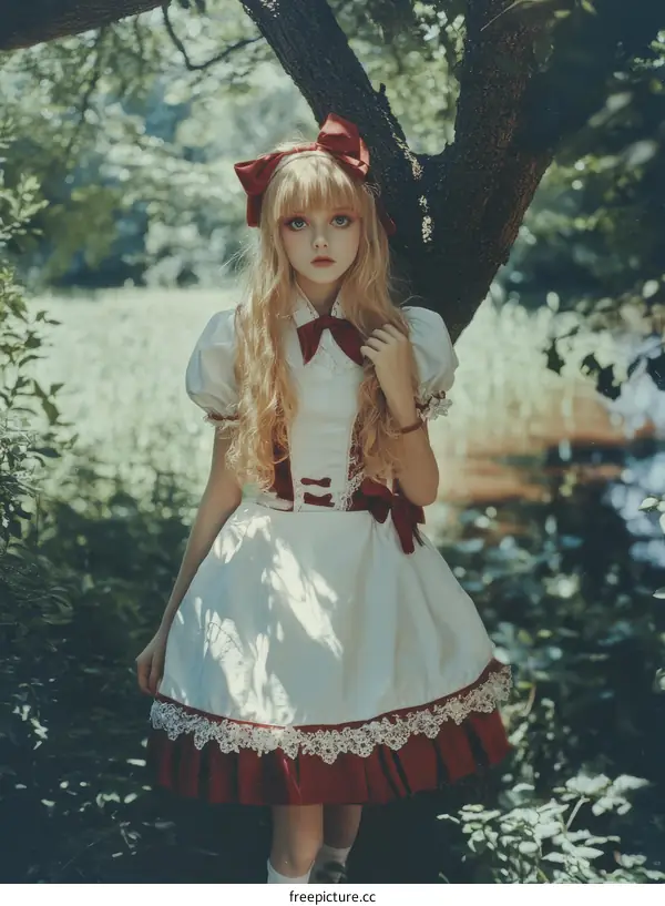 A girl in a beautiful vintage dress in a garden