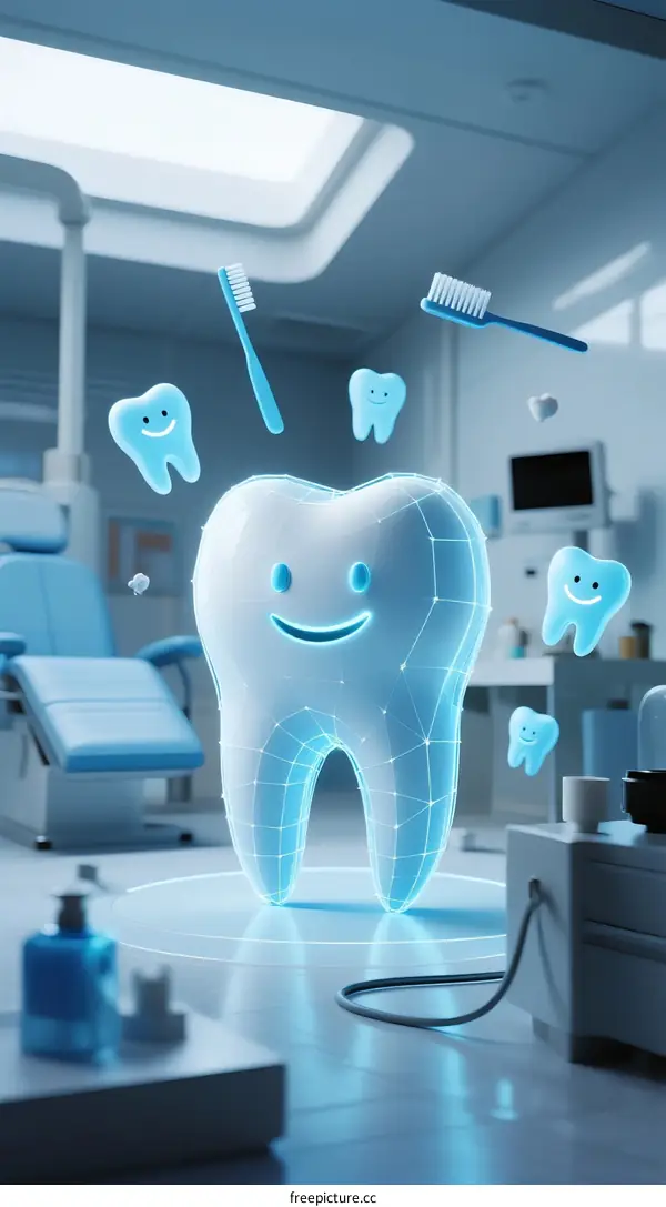 A Digital Smiling Tooth with Dental Tools in Modern Clinic
