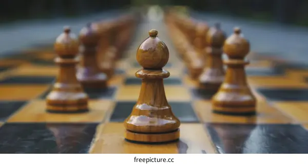 Chess Pieces Arranged on a Board with a Pawn in the Forefront