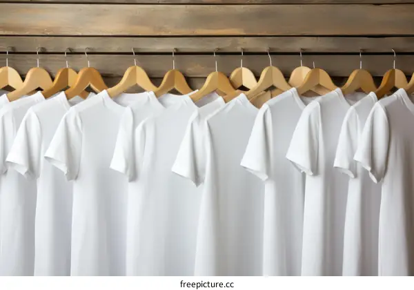 Blank white t-shirts on wooden hangers