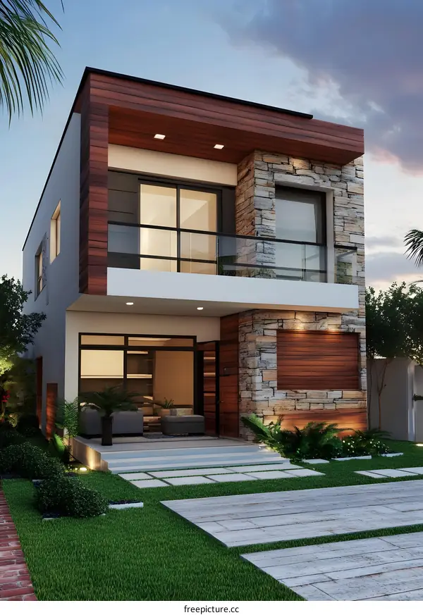 Modern Two Story House with Stone and Wood Exterior