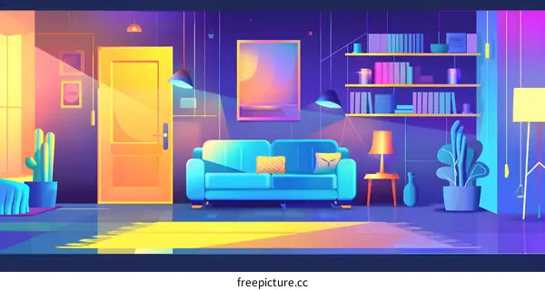 Modern Living Room Interior Design with Blue Sofa and Yellow Door